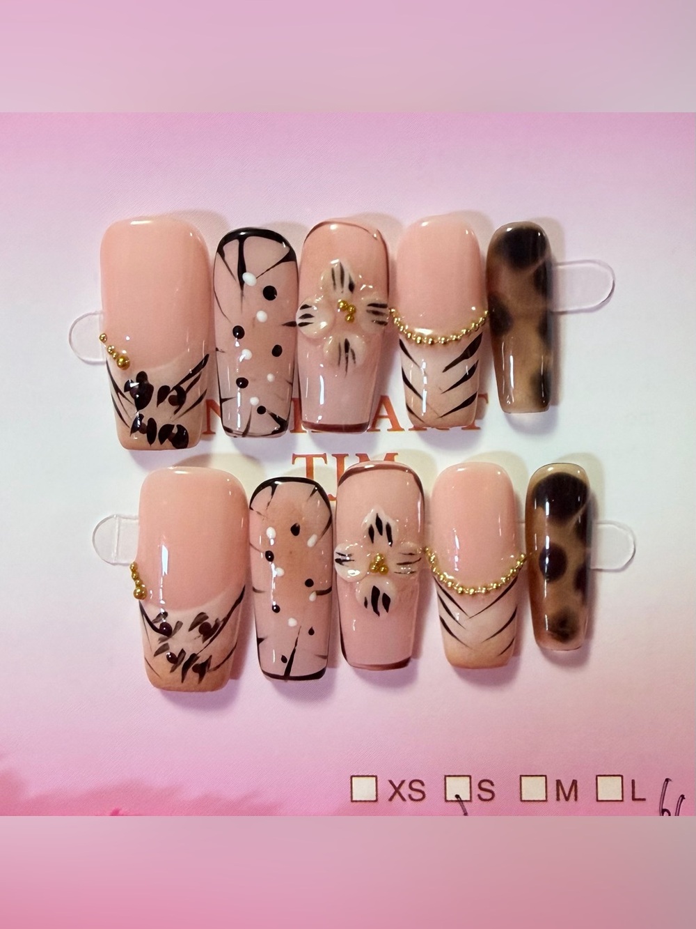 Elegant Nude Pink Floral & Leopard Press-On Nail Set